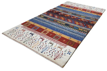Gabbeh rug, angled: multicolored patterned stripes with border, rectangular