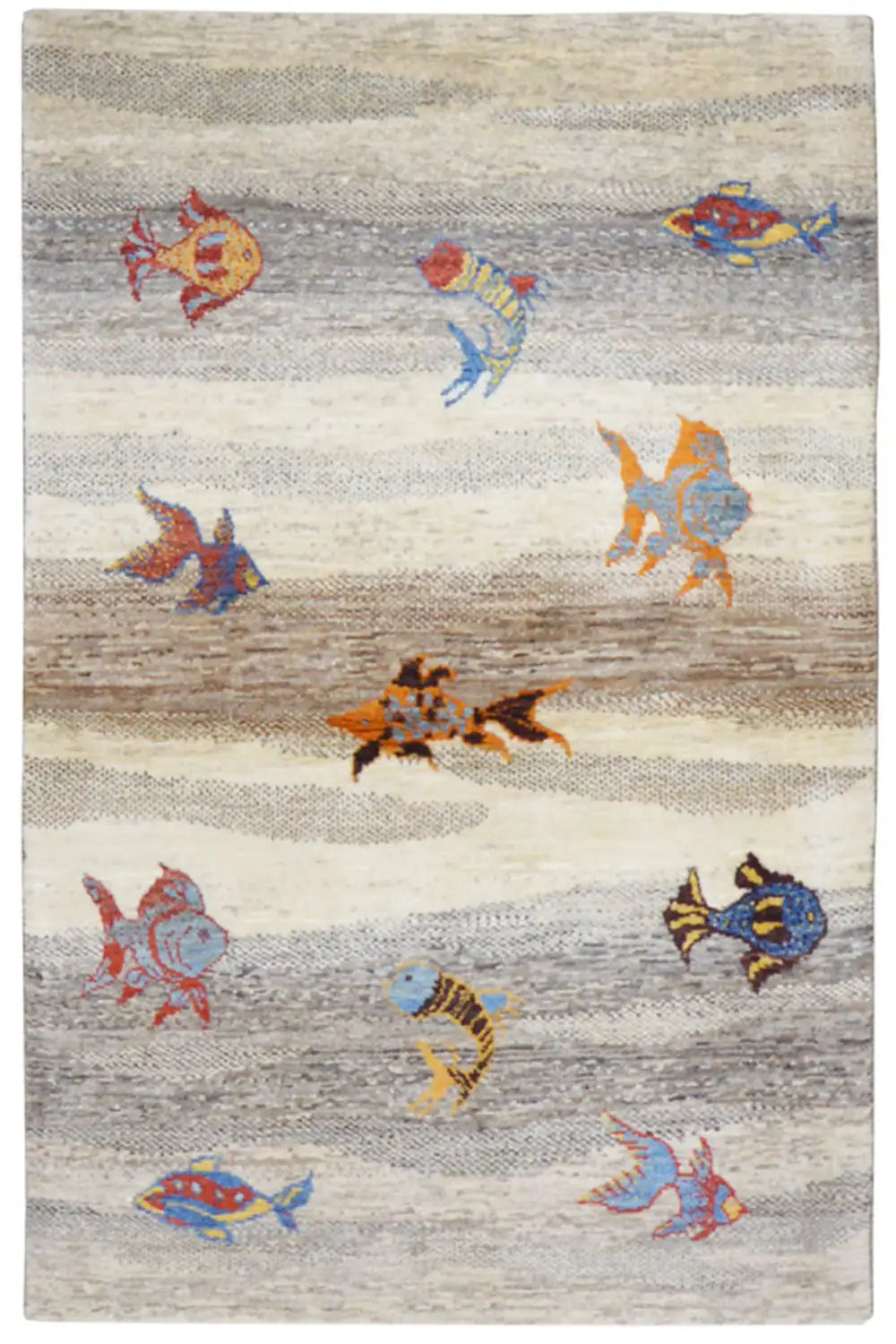 Gabbeh rug with multicolored animal motifs and striped pattern, light gray/beige