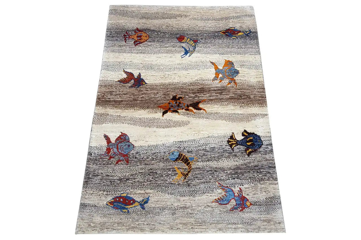Rug with animal figures in a repeating pattern and stripes, light gray with brown accents
