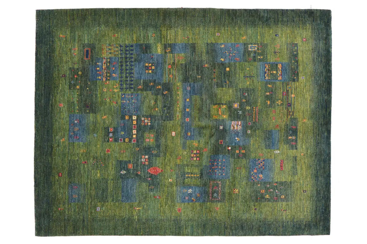 Lori Gabbeh rug, green pile with colorful square and line patterns, 209×161 cm