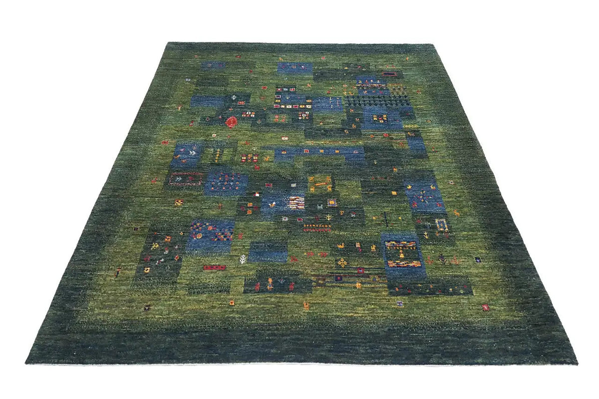Lori Gabbeh rug with a green background and colorful block patterns, 209×161 cm