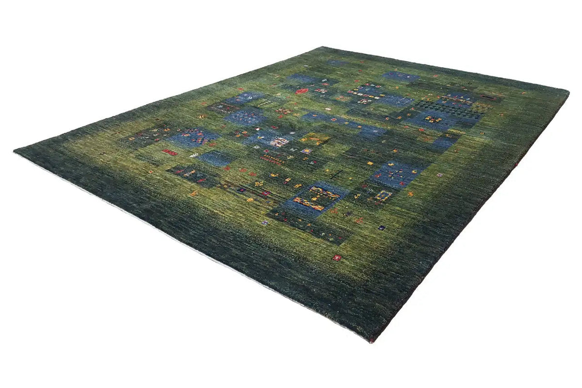 Gabbeh Lori rug in green with geometric color blocks and detailed patterns, 209×161 cm