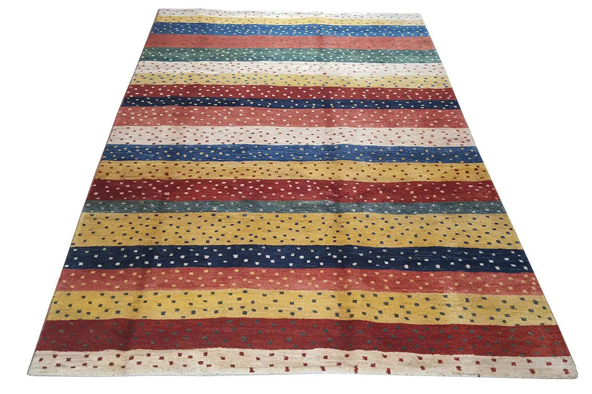 Gabbeh rug (300×201 cm) with a striped pattern in blue, red, and yellow