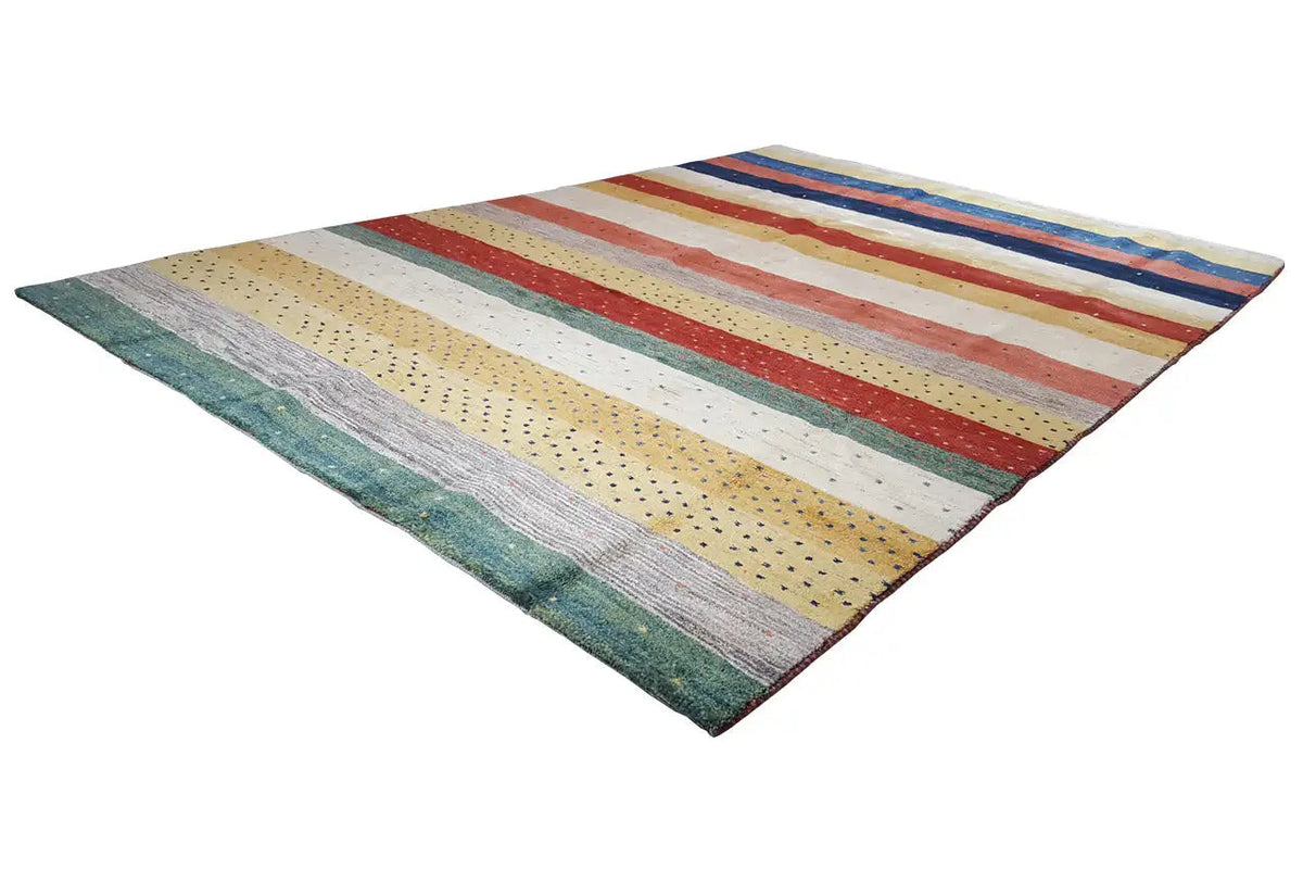 Gabbeh rug, laid flat: multicolored stripes with colorful accents