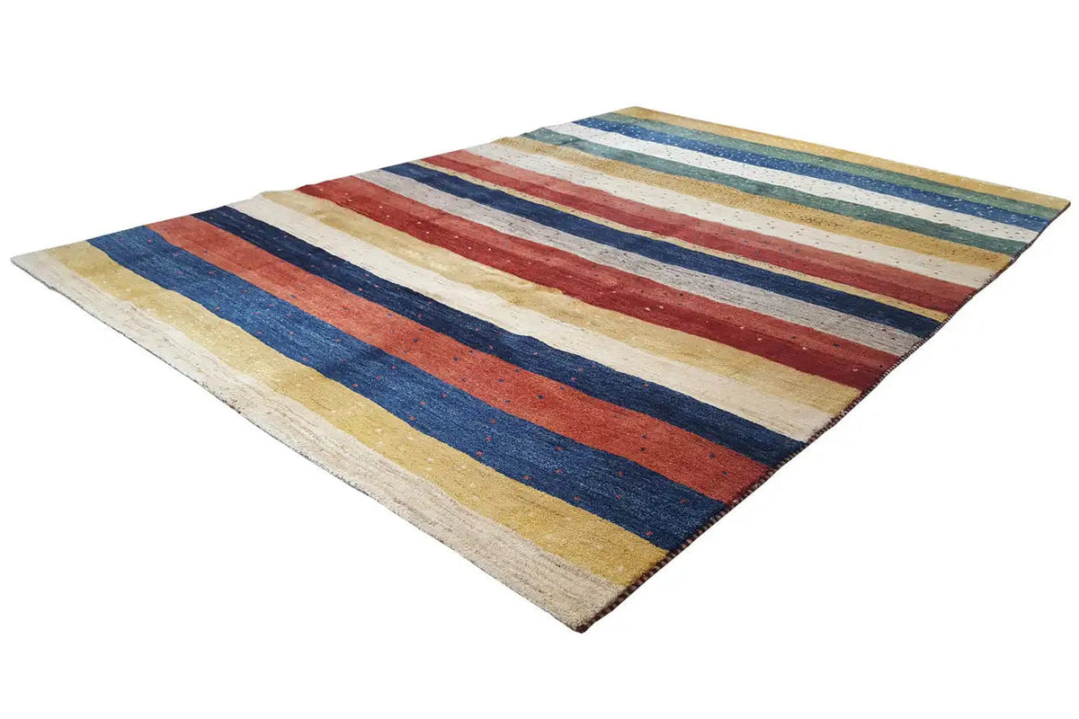 Striped Gabbeh rug, diagonal view, bar pattern in blue, red, and beige