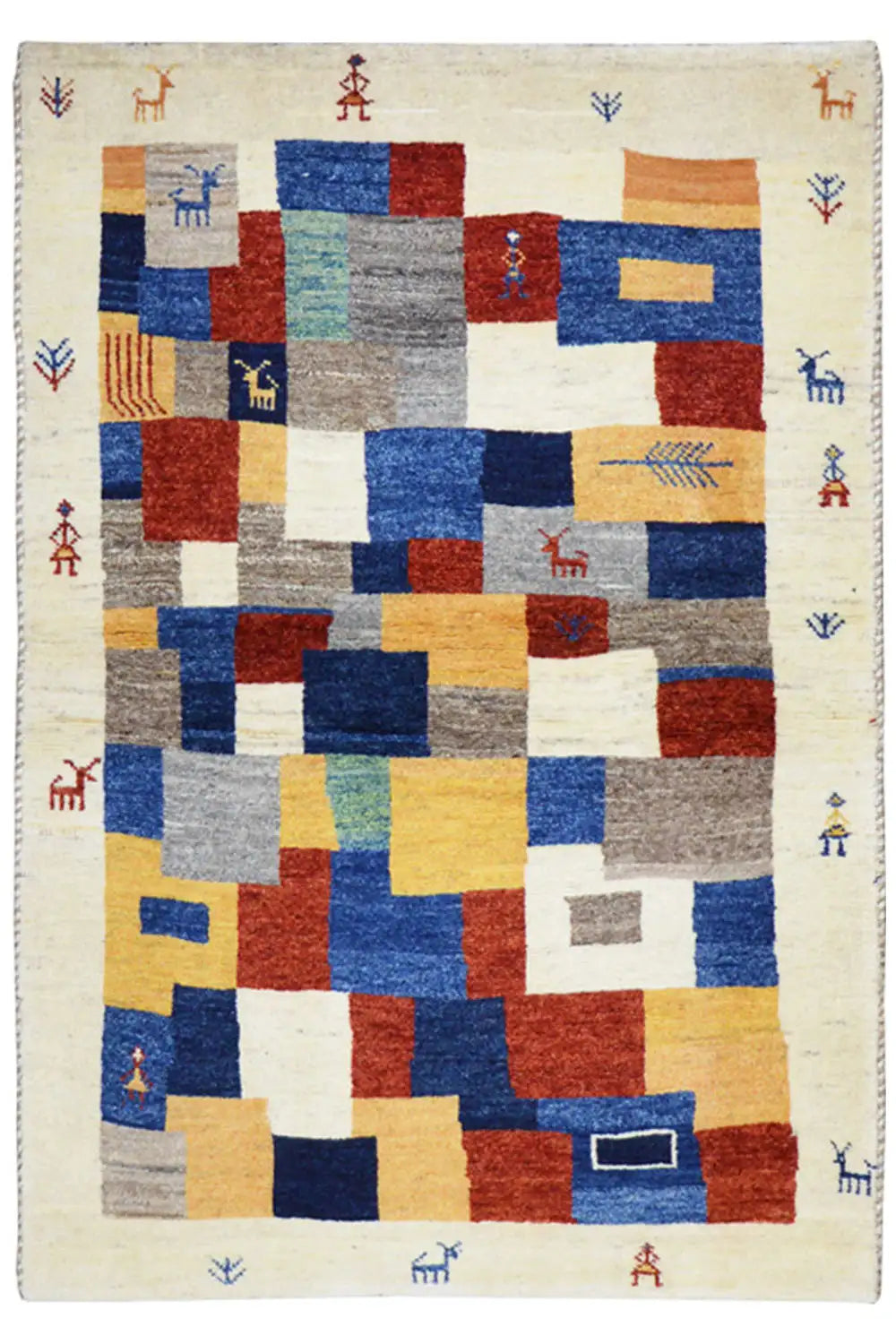 Gabbeh rug with patchwork squares and figure motifs, multicolored, rectangular