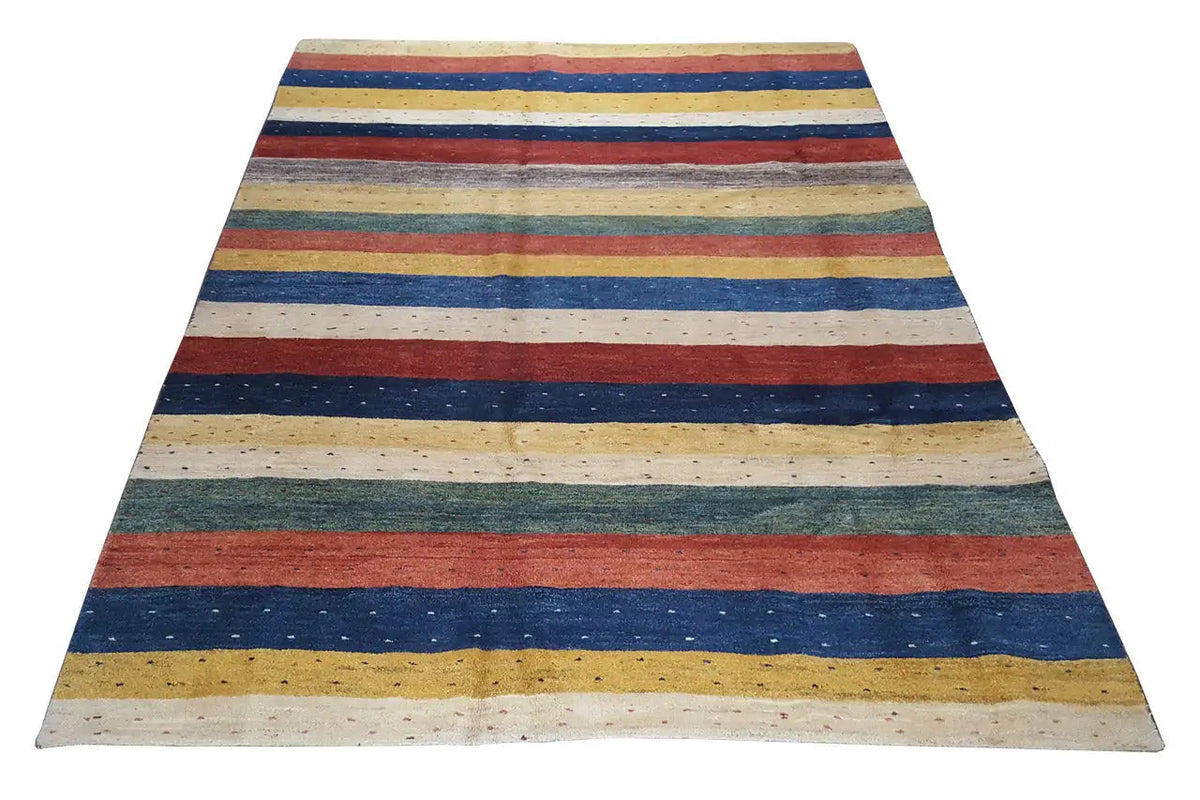 Gabbeh rug with a striped pattern in blue, red, and beige, rectangular, 283×202 cm