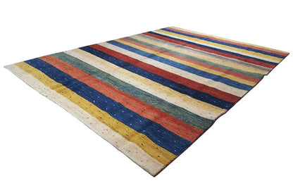 Gabbeh rug with horizontal stripes, blue-red-beige, diagonally oriented view