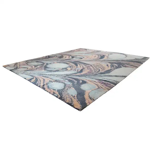 Designer rug with an abstract marble pattern in blue, gray, beige, and violet