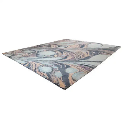 Designer rug with an abstract marble pattern in blue, gray, beige, and violet
