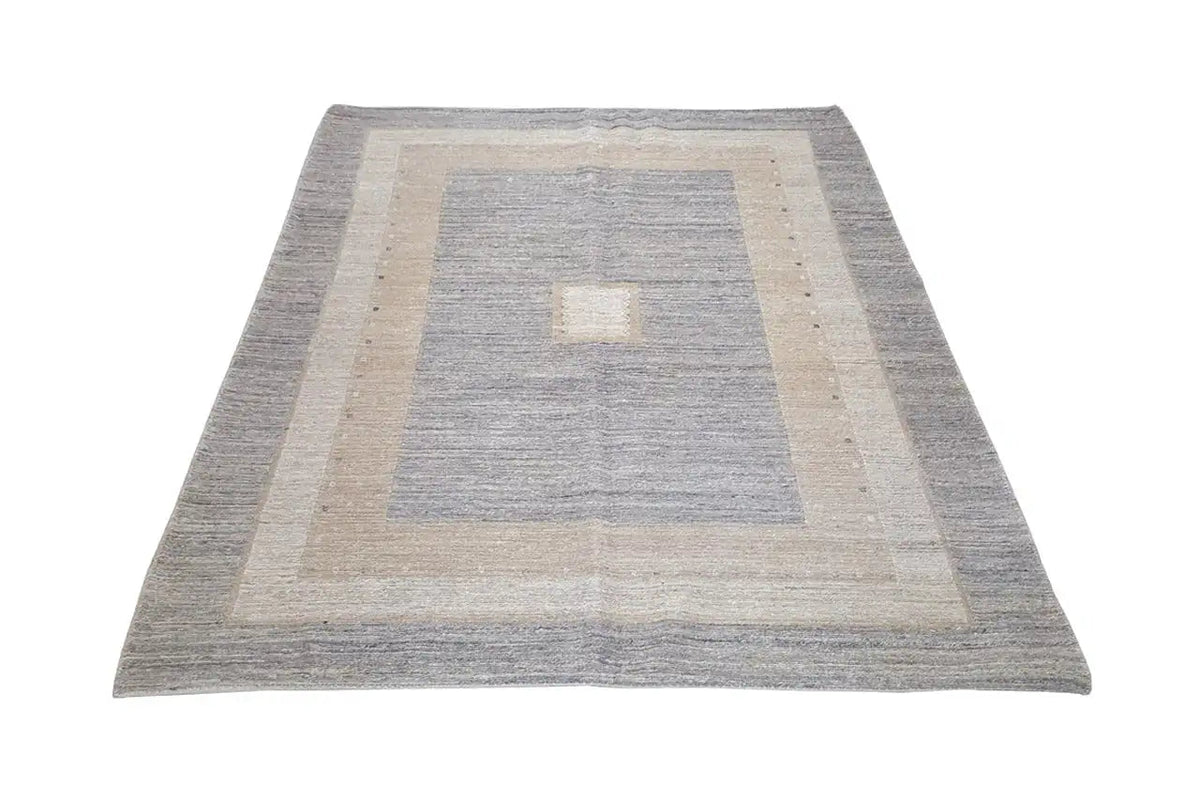 Kilim rug with a rectangular pattern in light gray and beige, bordered frame