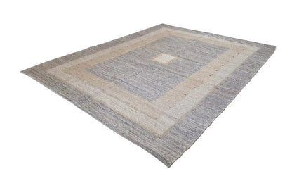 Light gray/beige kilim rug with a square central motif and border stripes