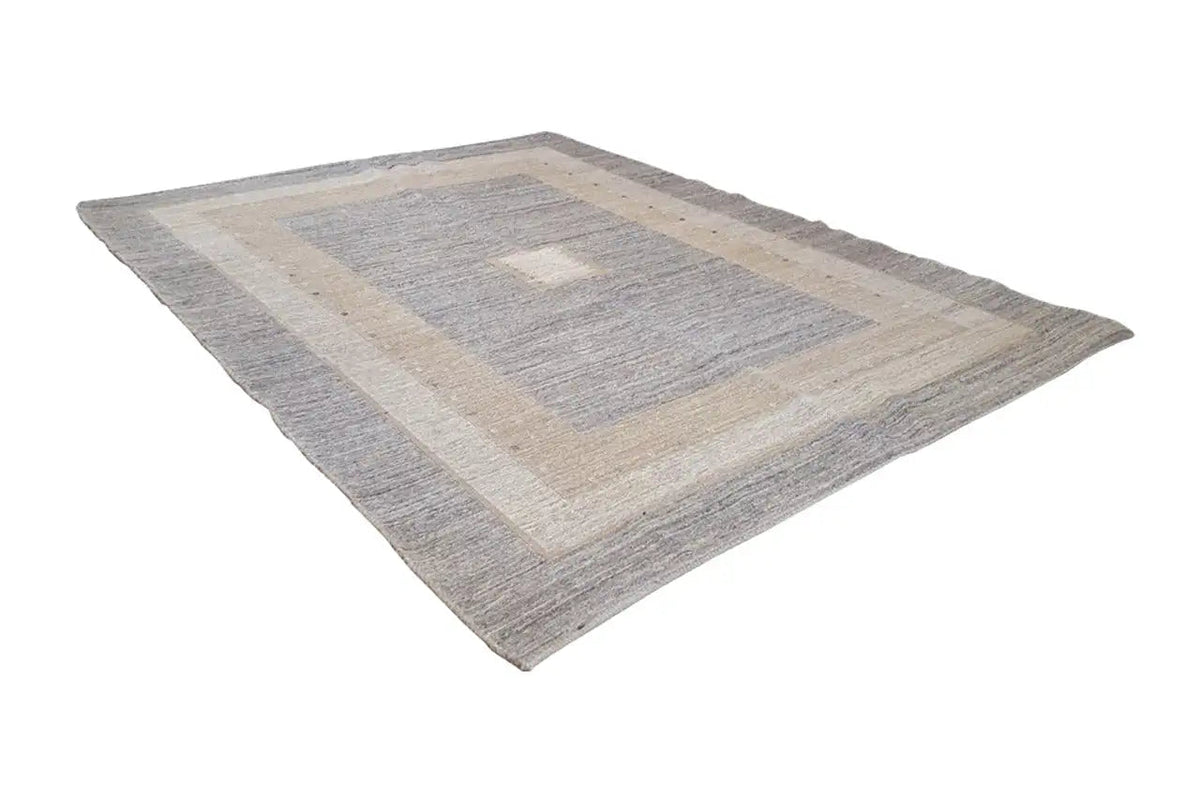 Kilim rug, gray geometric pattern with beige border lines and central square