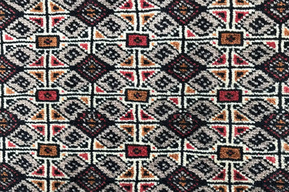 Turkmen Poshti rug, dense geometric pattern with red accents, covering the entire surface