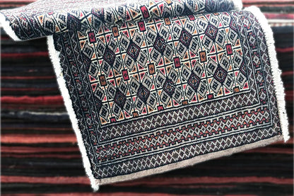 Turkmen Poshti rug, folded rectangularly, dark with red and beige ornaments