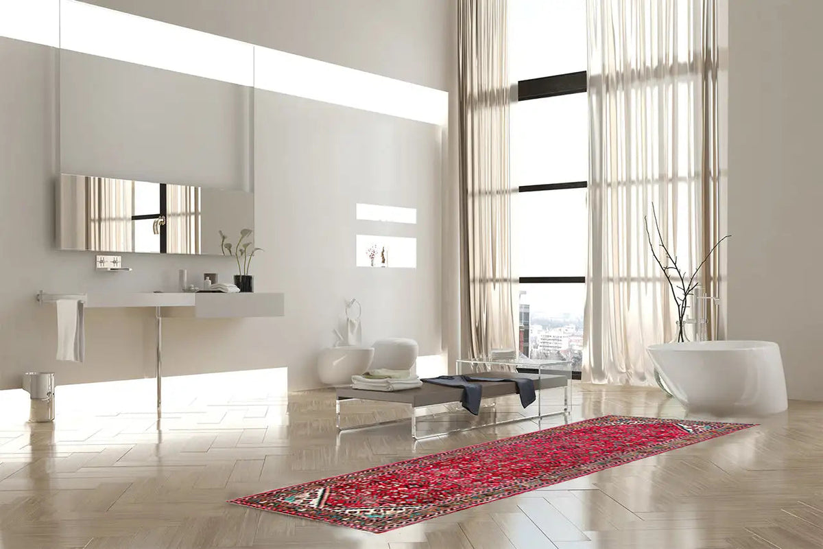 Red Hamadan runner with contrasting blue and beige ornaments, rectangular.