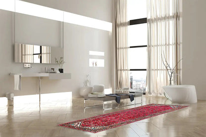 Red Hamadan runner with contrasting blue and beige ornaments, rectangular.