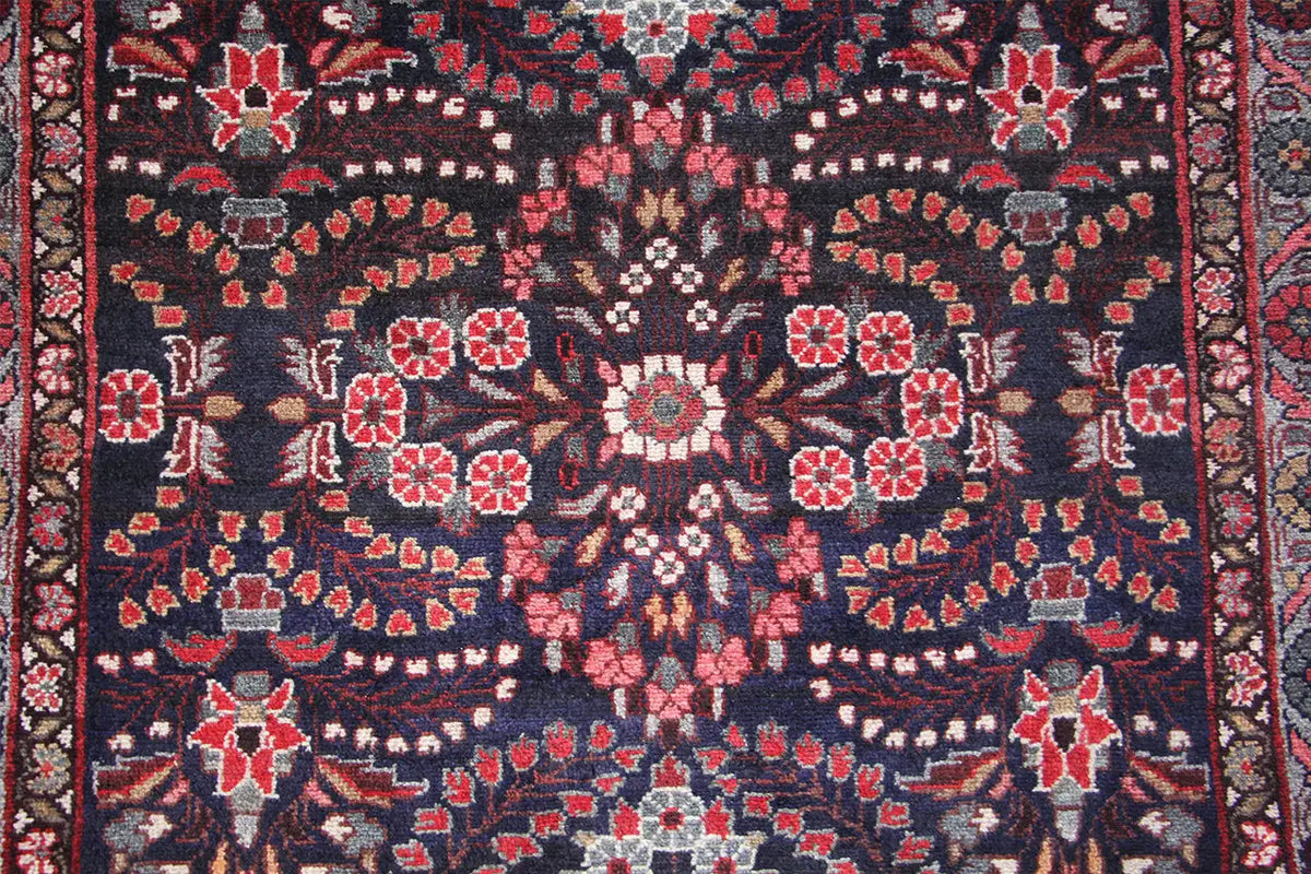 Hamadan runner close-up: blue pattern with red flowers and white decorative elements