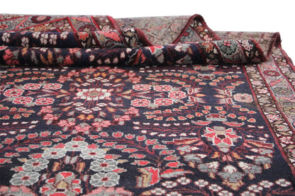 Hamadan runner with a border, dark blue, red and beige, with fringes along one edge