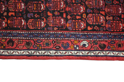 Hamadan runner: border with ornaments, dark red-blue pattern, visible edge