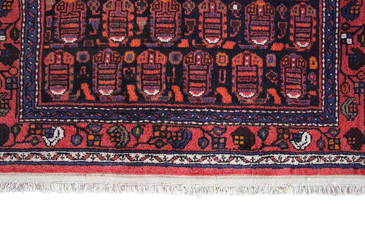 Hamadan runner with a detailed pattern in blue and red, a border, and fringes along the edge
