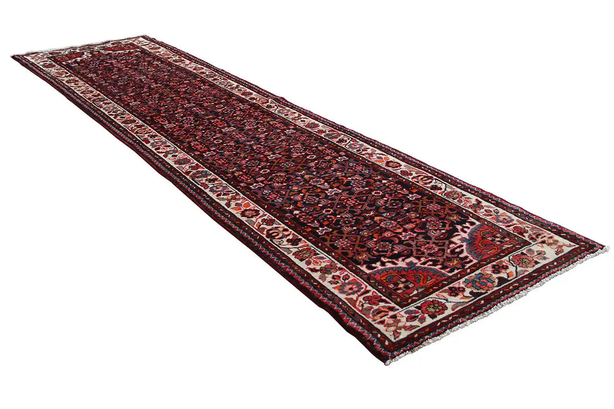 Hamadan runner in dark red with an ornamental pattern and narrow decorative borders