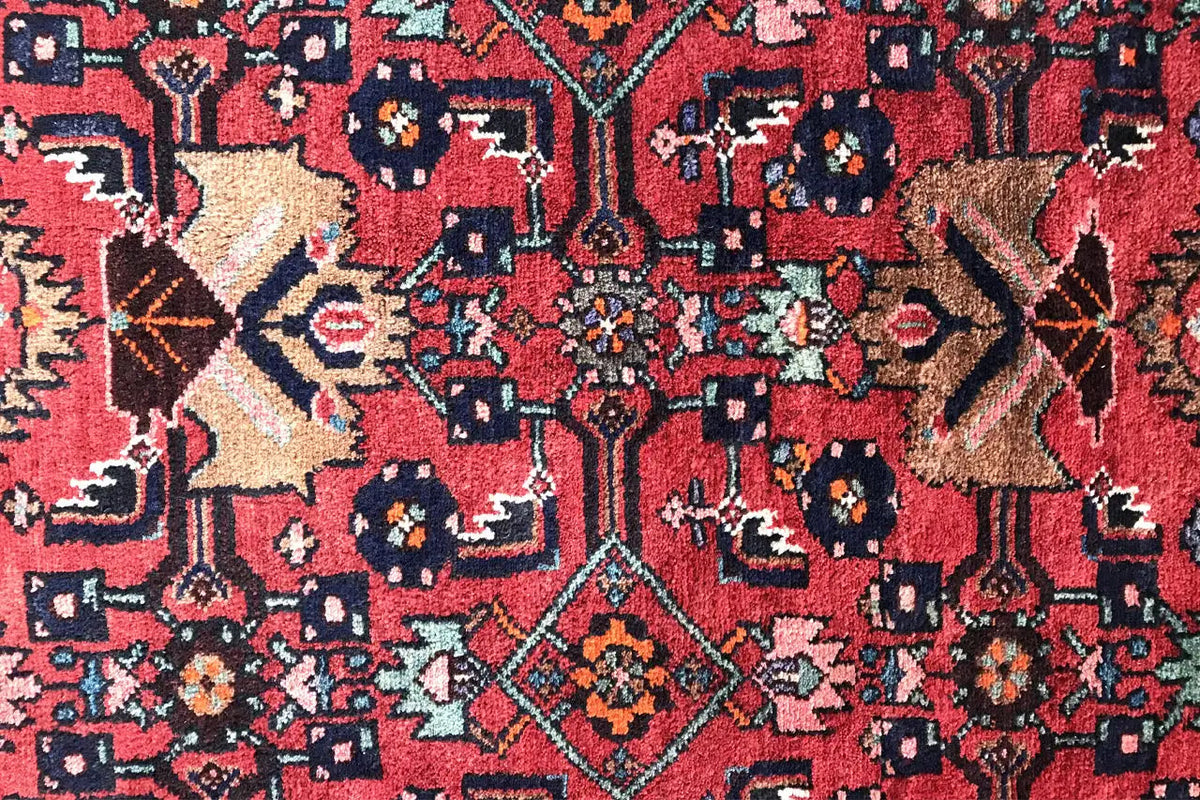 Close-up of the carpet pattern: red field with blue and red ornaments and small accent motifs