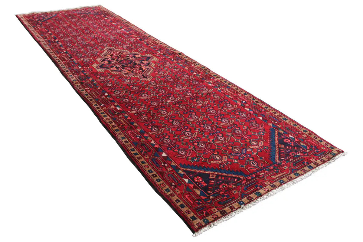 Hamadan runner 369x108 cm with a red pattern and border, rectangular with finished edges