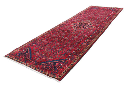 Hamadan runner 369x108 cm rectangular, red textured pattern with blue border