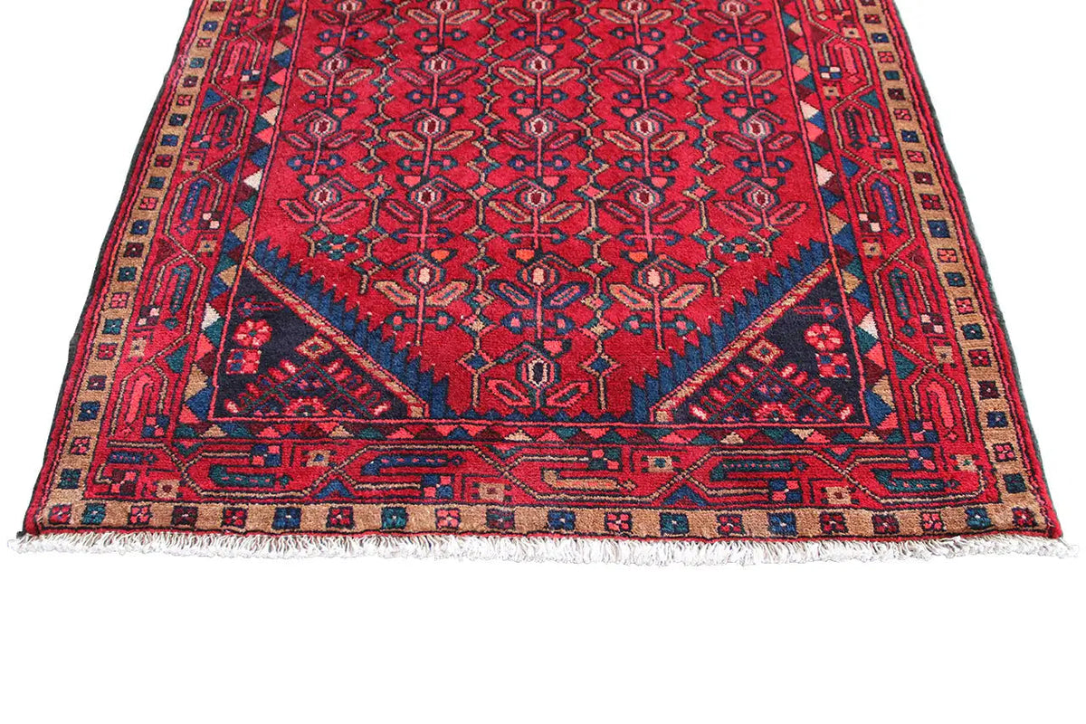 Hamadan runner 369x108 cm front edge with wide border field and fringes
