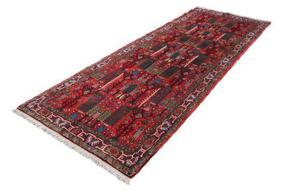 Hamadan runner with a red pattern and multicolored decorative elements, rectangular, with fringes.