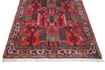 Hamadan rug close-up: red central field with ornaments, colorful borders and fringes.