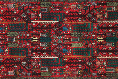 Hamadan runner top view: dense red ornamental pattern with turquoise and green contrast.