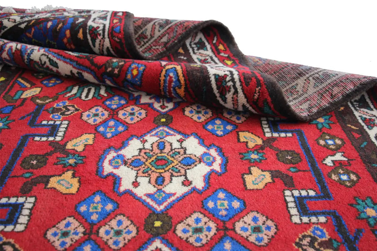 Hamadan runner with a rolled edge, red background, and detailed medallion pattern