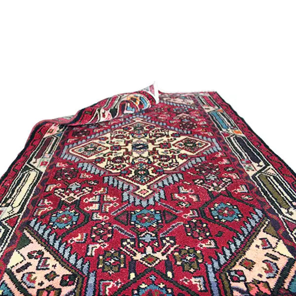 Hamadan carpet, close-up: red ornamental pattern with borders along the edge
