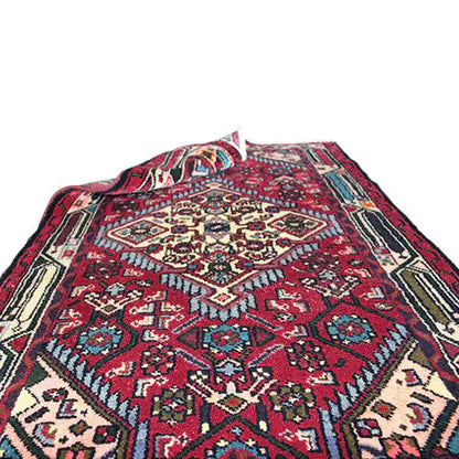 Hamadan carpet, close-up: red ornamental pattern with borders along the edge