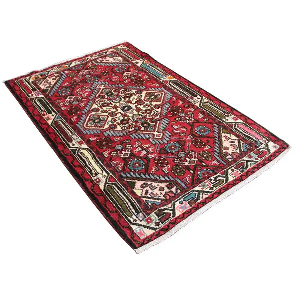 Hamadan-style rug, red Oriental rug with baroque patterns and decorative borders