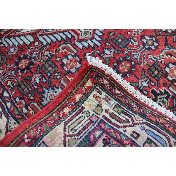 Detail of a Hamadan rug: multicolored ornamental lines, cream border and fringes
