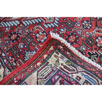 Detail of a Hamadan rug: multicolored ornamental lines, cream border and fringes