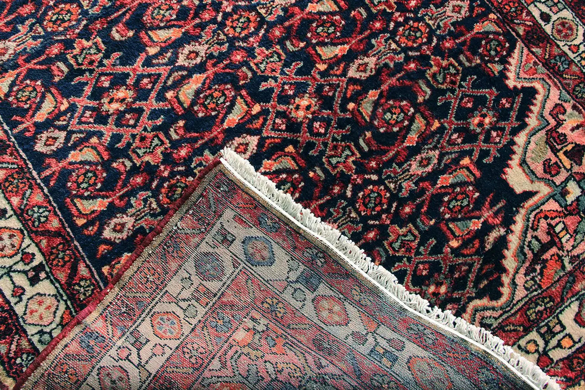 Close-up of the Oriental rug runner: bold pattern, light gray border, and fringe at the corner.