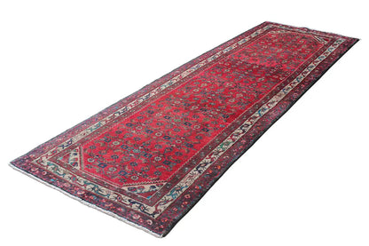 Hamadan runner 297x105 cm with a red pattern and dark blue border, flat-woven.