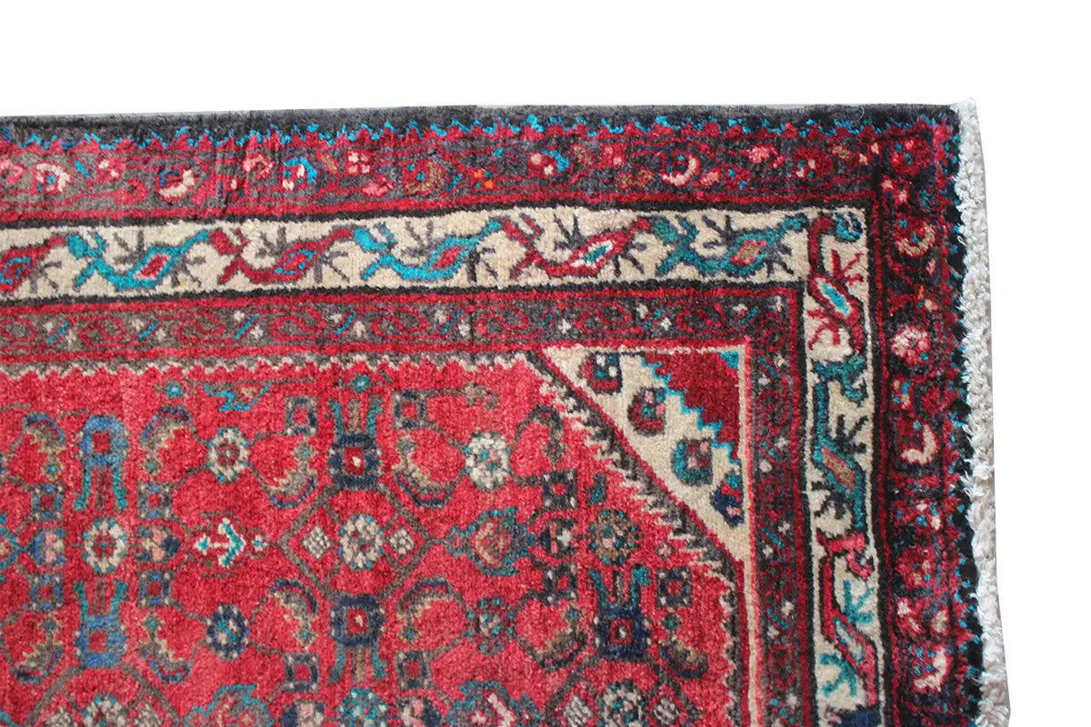 Hamadan runner border detail with a red ground, border, and multicolored pattern.
