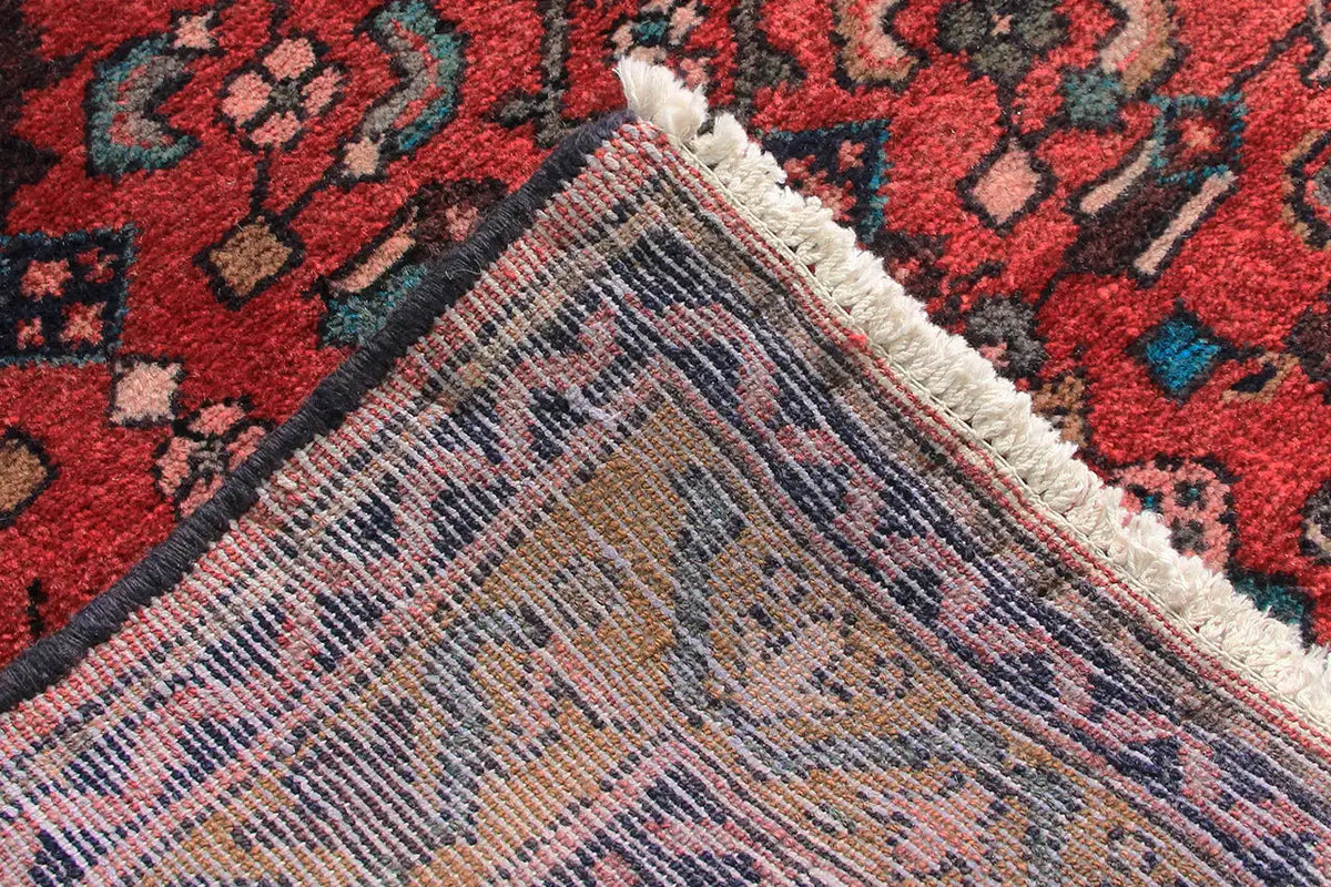 Hamadan runner corner detail with fringe and a red and blue ornamental pattern.