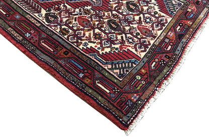 Hamadan rug corner: red border ornament and geometric patterns with fringes