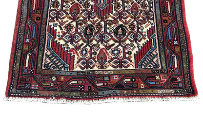 Hamadan rug bottom edge: border with patterns and a frayed hem
