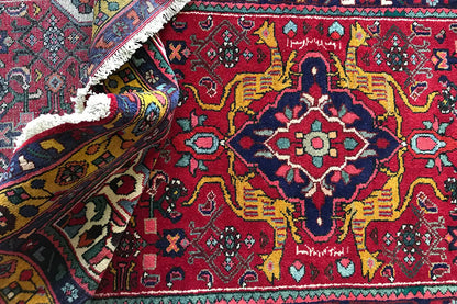 Red-and-multicolored patterned Oriental rug runner with a wide border and decorative fringe