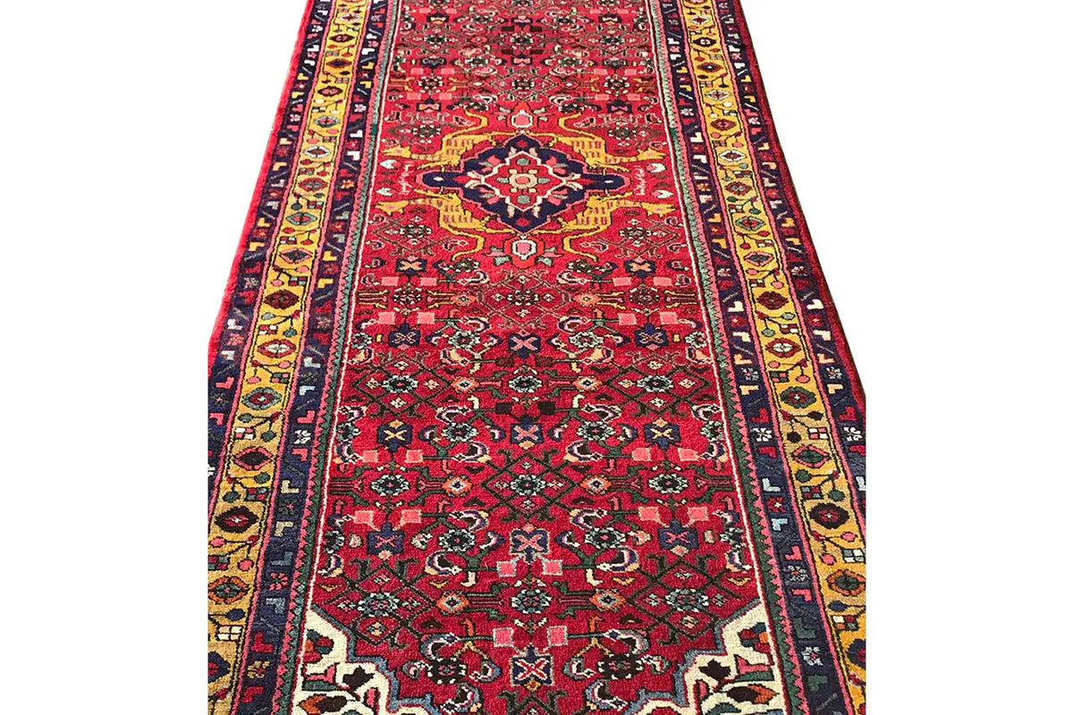 Red-and-multicolor oriental runner rug with a longitudinal border, delicate pattern, and fringes