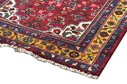 Corner of the red-multicolored oriental runner rug with border and fringes at the edge