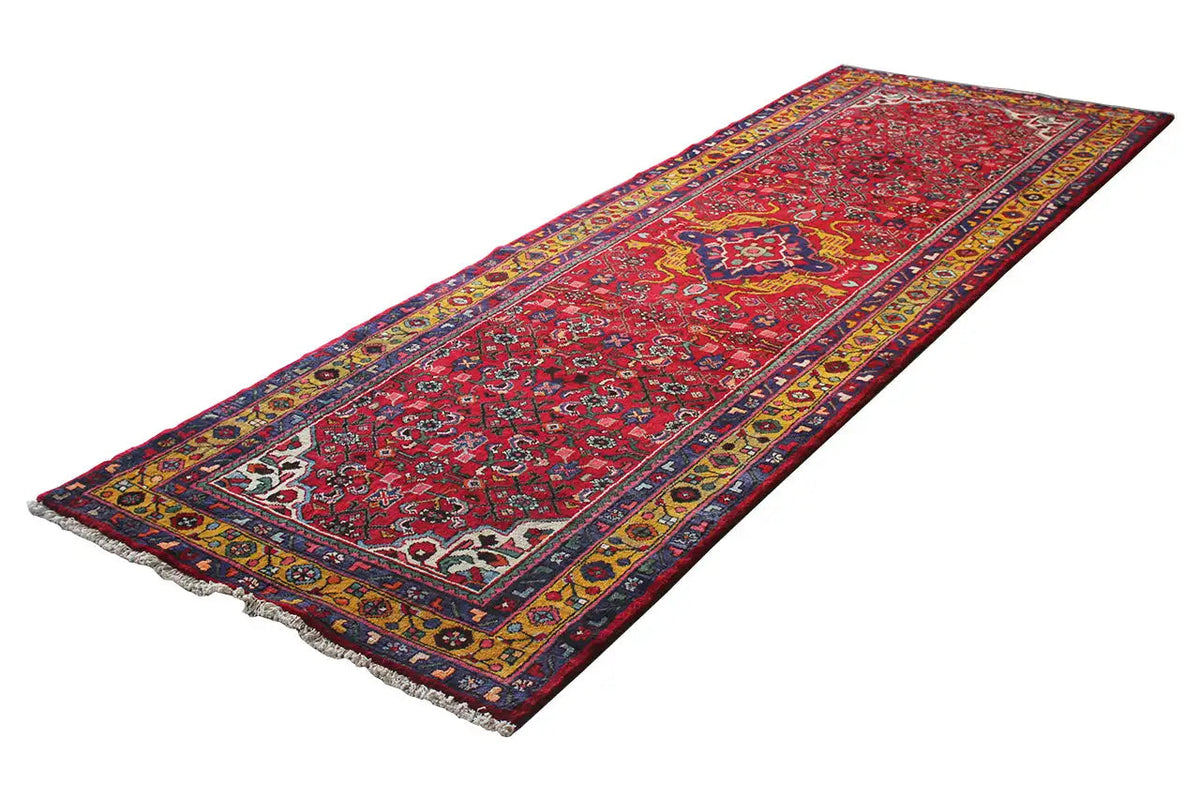 Long rectangular red and multicolored Oriental runner rug with a border and fringes along the edge