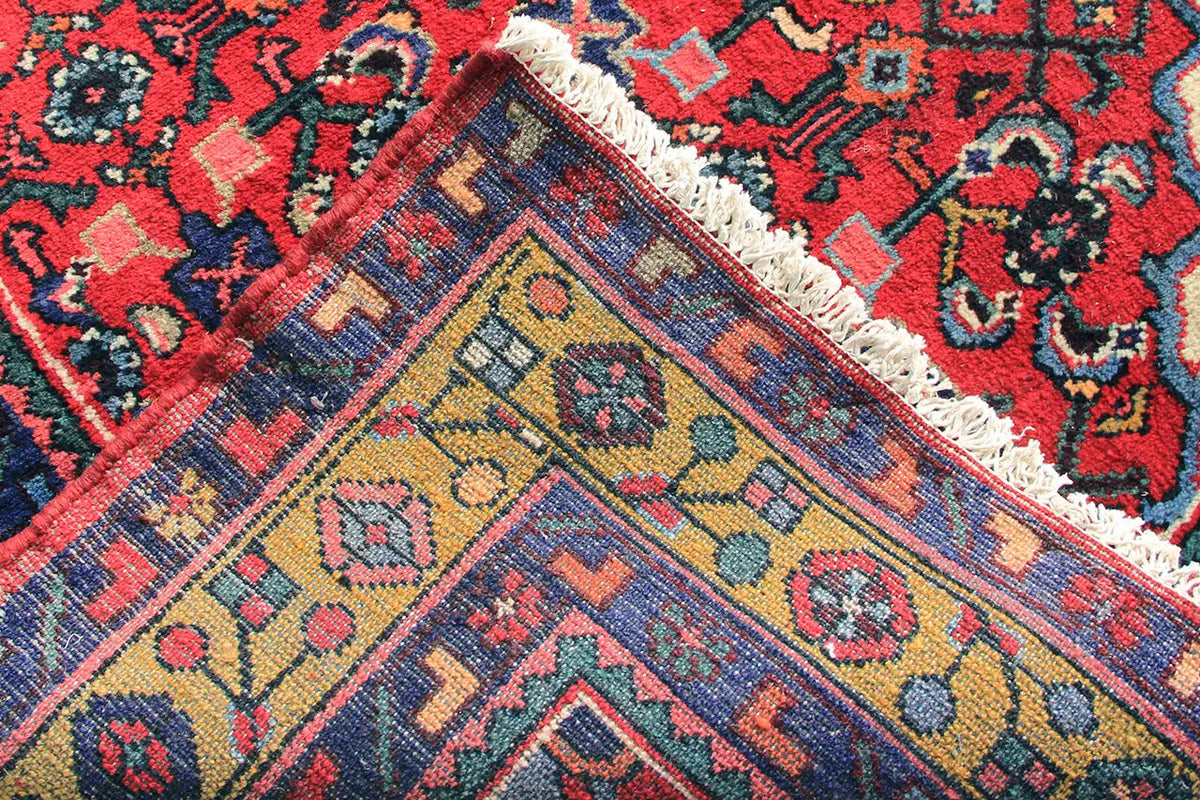 Hamadan runner with geometric pattern, blue-red, with fringes